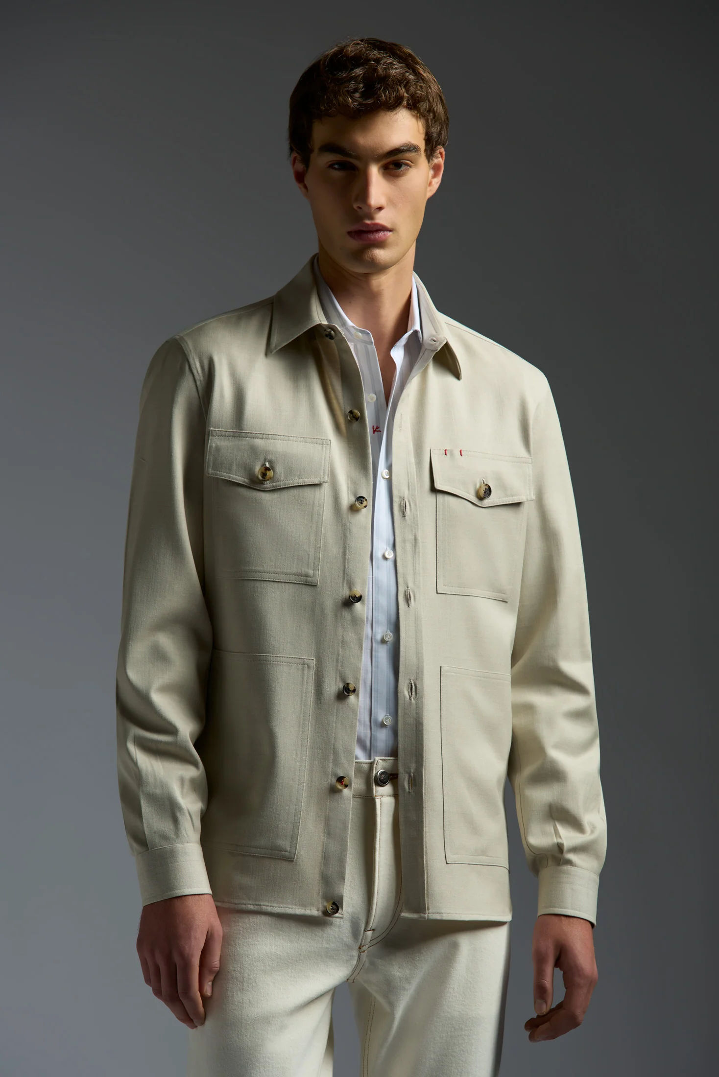 Comfort Denim Effect Wool Silk and Linen Four Pockets Overshirt